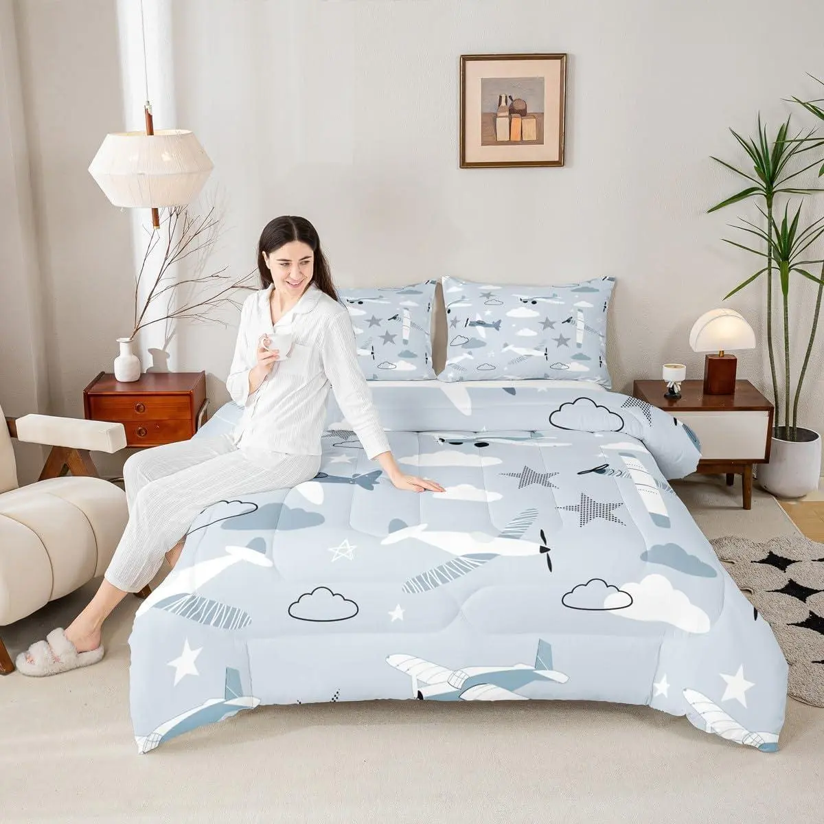 Feelyou Cartoon Print Airplane Theme Comforter Set - Machine Washable Outer Space Bedding for Bedrooms,Blue Duvet Insert with Starry Clouds Design