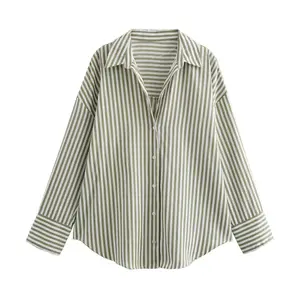 Ladies' loose retro basic style poplin striped shirt jacket with pink and blue top underneath,Gift