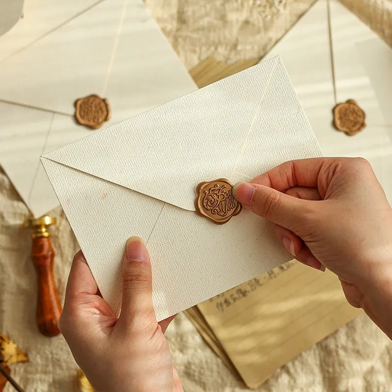 10pcs Cotton Linen Unique Envelopes and Letter Set, Vintage Chinese Style Kraft Paper Invitations and Postcards, Sealed with Wax, Envelope Seals