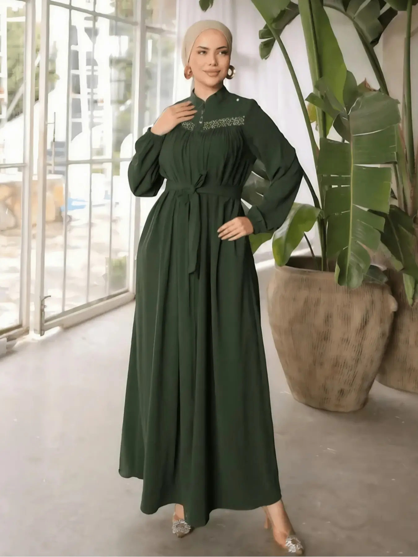 Fashionable Women's Stand Collar Zipper Beaded Casual Loose Belted Long Robe Tunic Dress Gamis Clothes Traditional Arabic Dress, Islamic Clothing For Muslim, All Seasons, Plain Style, Maxidresses, Arabian Dress, Muslim Dresses, Modest Clothes