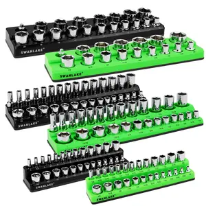 Magnetic Socket Organizer Set, 6-piece 1/4", 3/8", 1/2" SAE & Metric Sockets Holder, Drive Socket Trays, Storage Tool Box, Holding 143 Slots, Soft Rubber Covering Black Green Tools
