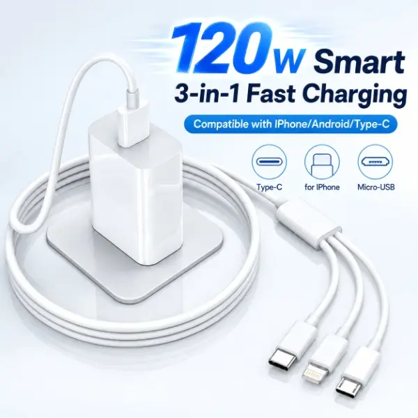KAXOE 3-in-1 Rapid Charging Cable with Multiple Plugs - iPhone, Type-C, Micro USB Connectors for Mobile Devices, Compatible with Chargers Type C, iPhone 14/13/12 Pro Max, Xs Max, Samsung, iPad, OnePlus