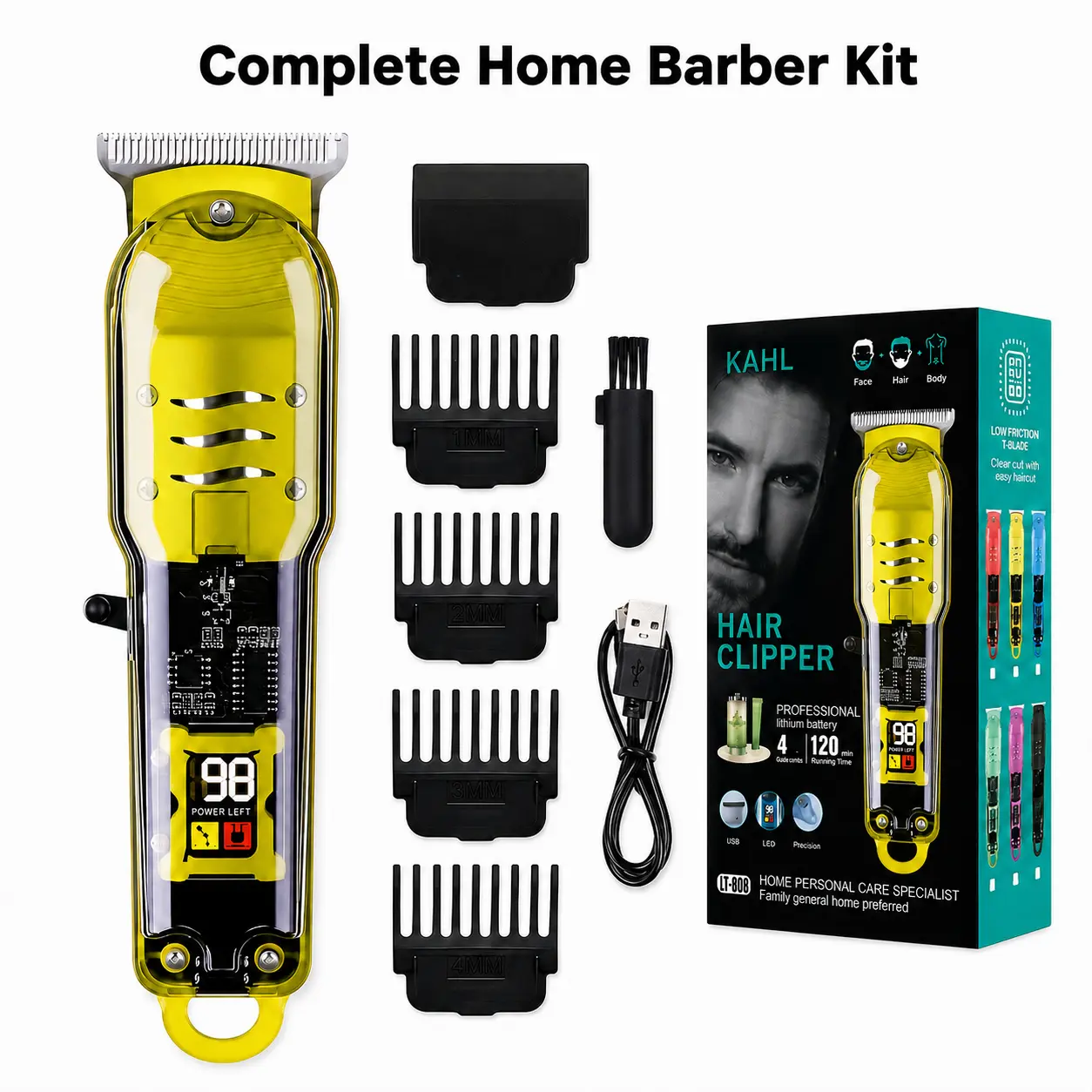 Professional Transparent Cordless Hair Clipper for Men, Rechargeable Silent High-Speed Motor Trimmer, USB-C Precision Home Salon Grooming Machine, Portable Durable Smooth Easy-Use Electric Hair Cutter