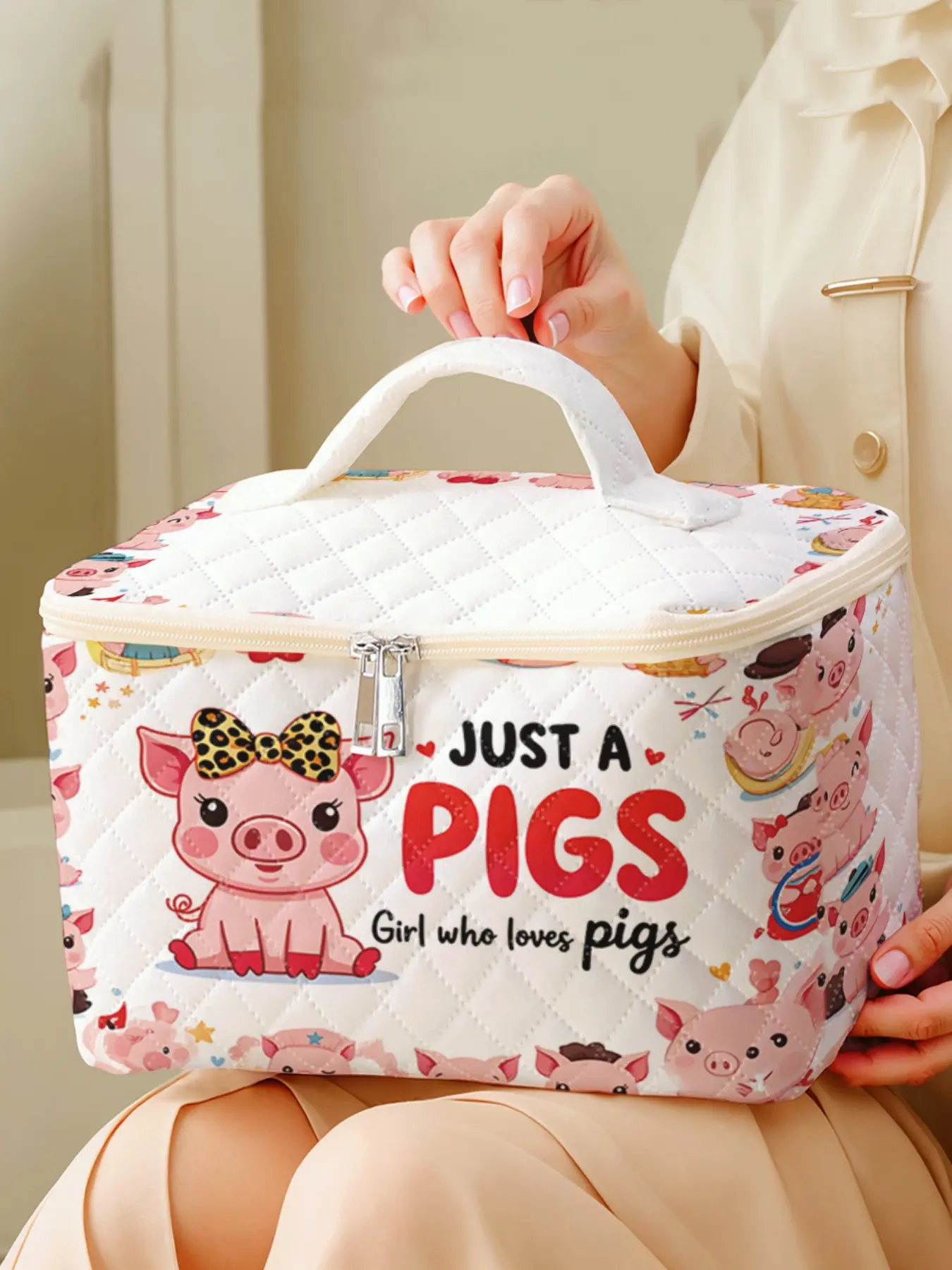 1 piece of pink pig 'JUST A PIGS' 2D printed portable travel makeup, brush, and accessory organizer, storage box toolbox, large capacity travel wash and rinse supplies organizer bag, cute and fashionable makeup bag