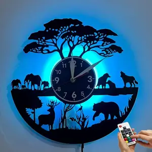 Colorful vinyl wall art clock, Wall clock decorative, with forest animals - lion and deer. Suitable for home decoration, office decoration, as a holiday gift, birthday gift