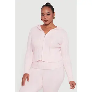 Plus Size Almost Famous Brushed Cable Knit Hooded Cardigan