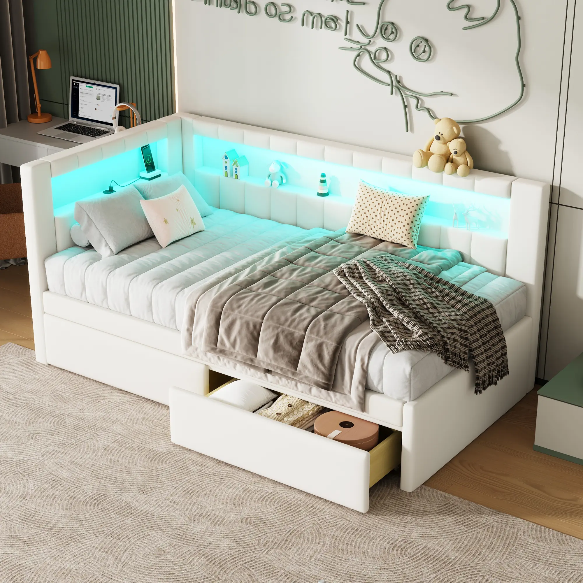 Twin Size Linen Upholstered Daybed - Kids Furniture Bedroom Bed Frame with 2 Storage Drawers, L-Shaped Bookshelf Headboard, Charging Station, LED Belt, White