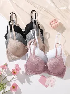 Mimilemon 5PC Women's Contrast Lace Hook PushUp Bra, Soft Comfortable Elegant Breathable confort able br cup women lencería elegante lift comfort ajustables tirantes Women's Seamless Wireless Bra