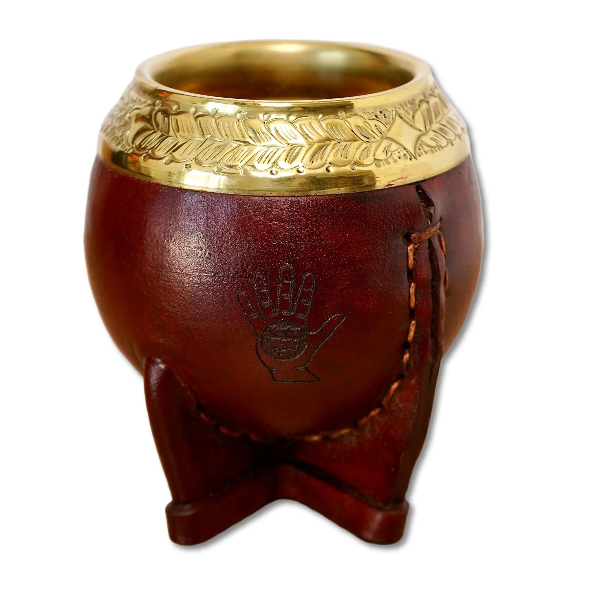 CERRO Torpedo Calabash Mate Gourd - Brown Leather & Chiseled Bronze Rim