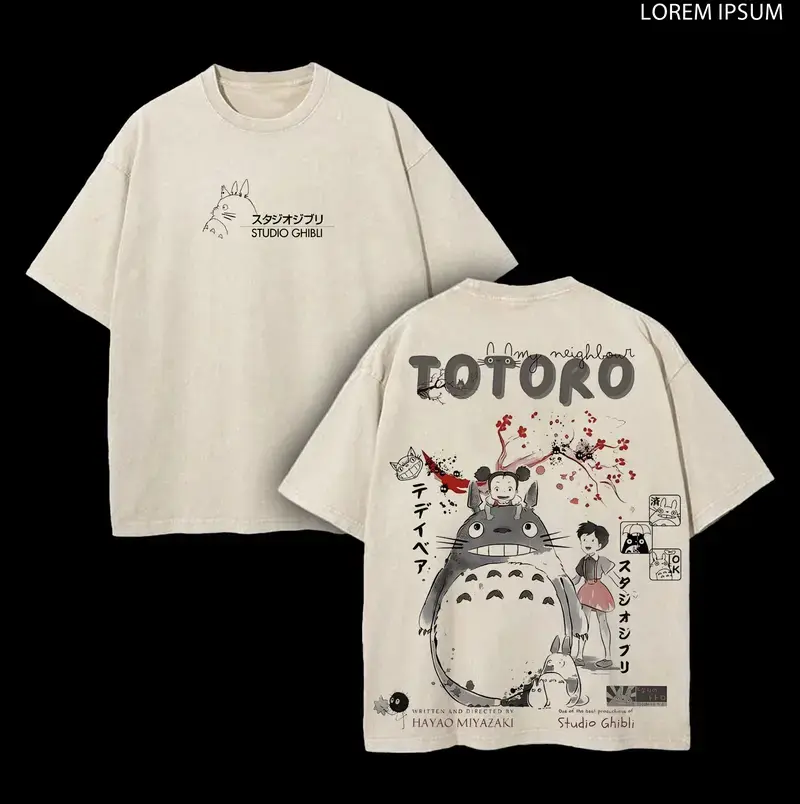 My Neighbor Totoro - Studio Ghibli Anime Double Printed Vintage Washed Tee Unisex Oversize Anime Manga Washed Heavyweight Cotton T-shirt, Gift For Anime Fan, Anime Lover