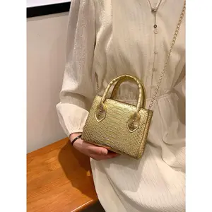 Lightweight,Business Casual Mini Metallic Snakeskin Embossed Chain Square Bag For Women College Students