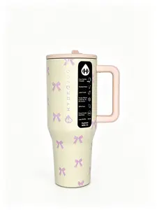 HydroJug 40oz Traveler Tumbler - Cute Pastel Pink Bow Print Insulated Stainless Steel Drinkware Flask with Handle, Flip Straw, Leakproof Design & Cupholder Compatibility, Flasks Drinkware Mug Flasks Water Bottles