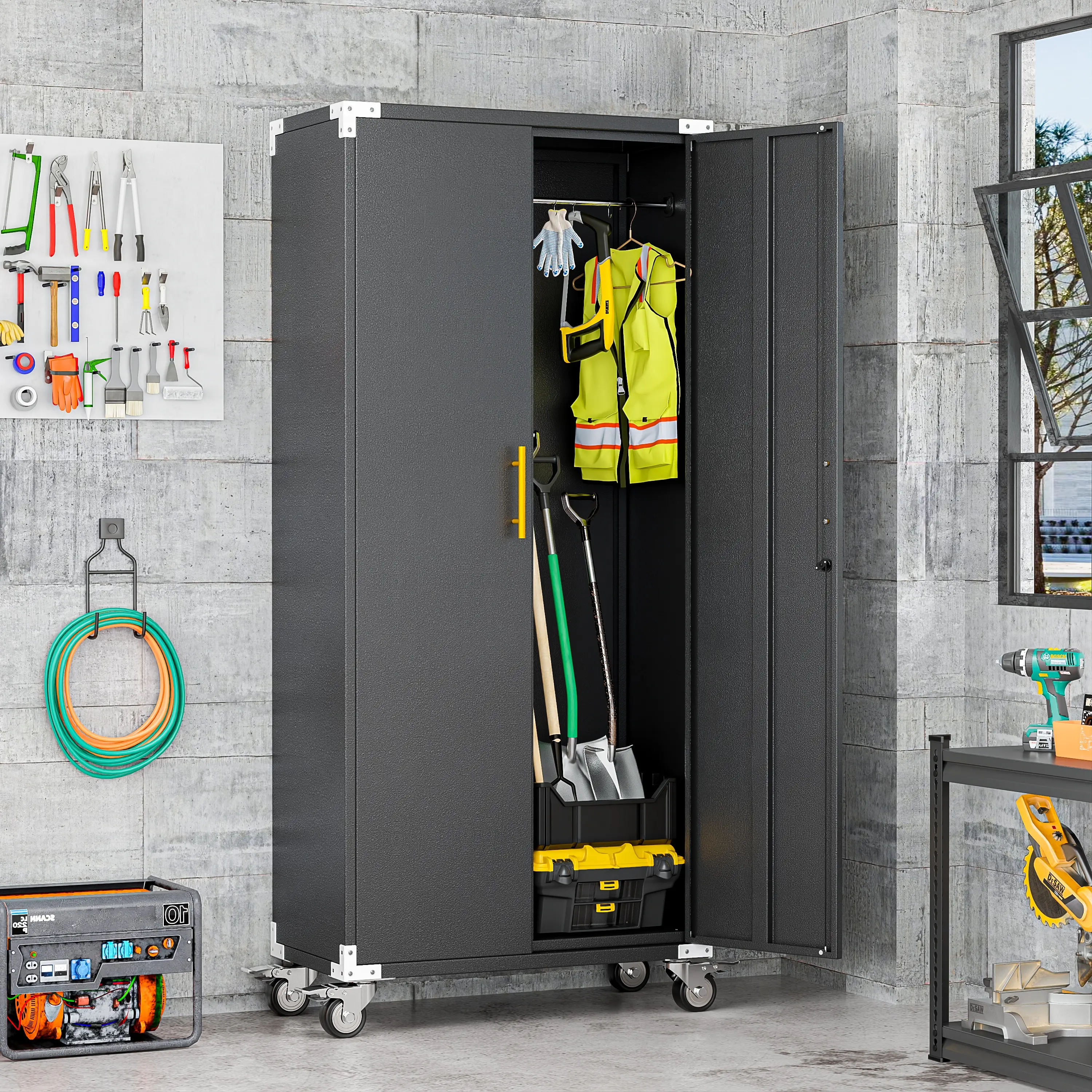 71.2" Metal Cleaning Cabinet with Wheels, Broom Closet Garage Storage Cabinet with Hooks & Hanging Rods, Tall Lockable Freestanding Utility Cabinet for Home Office