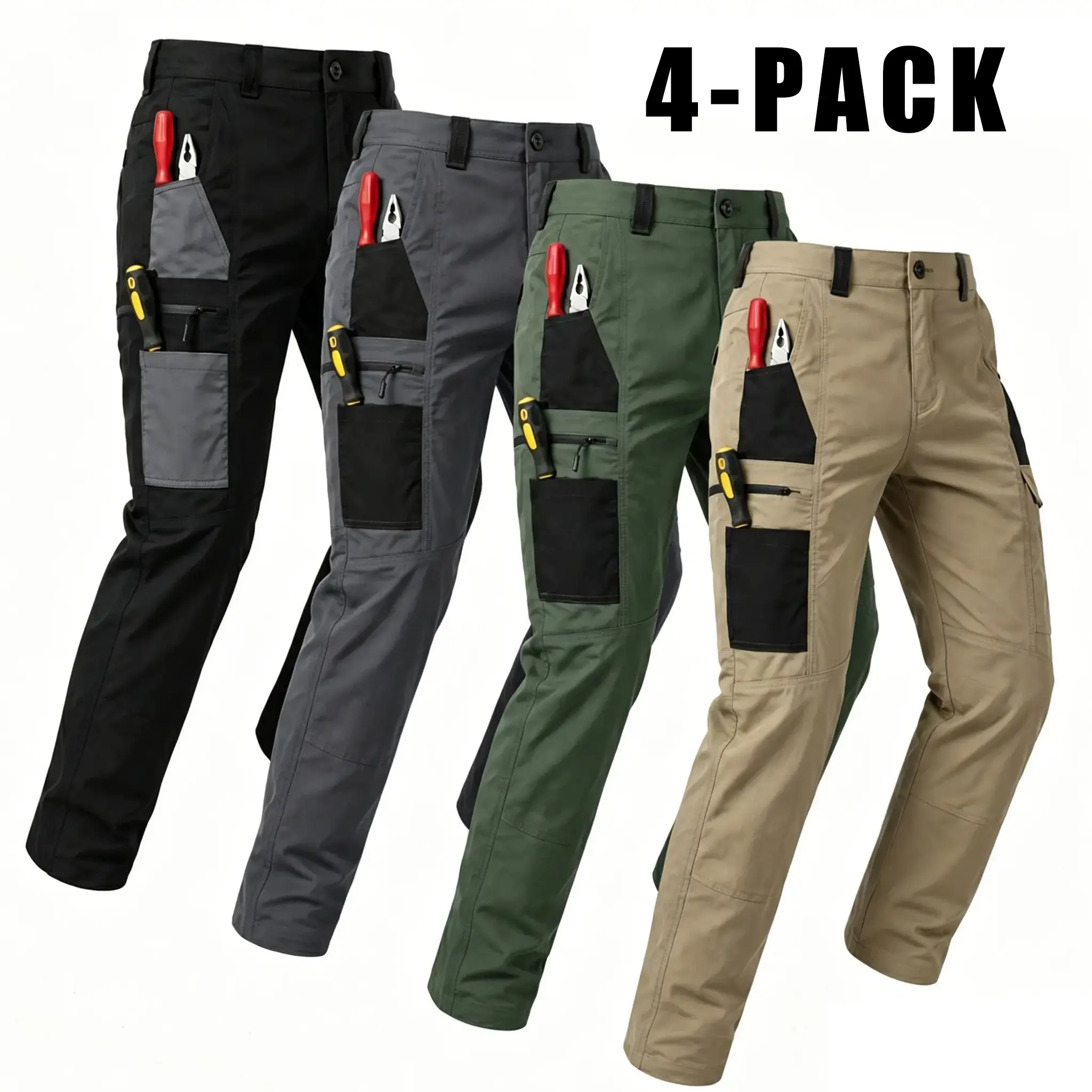 4-pack men’s solid-color tactical cargo pants featuring multiple pockets and zip closures; durable outdoor training pants available in various colors, suitable for fishing, outdoor activities, work, hiking, camping, and more, ideal for spring and autumn w