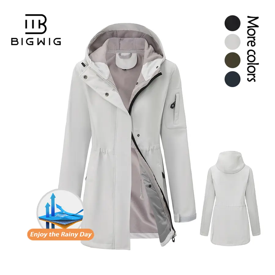 Lady's Long-Sleeve Outerwear, Lightweight Autumn/Winter Waterproof Softshell Jacket, Warm Fleece Lining, Hooded, Windproof, Adjustable Waist, Suitable for Hiking, Camping, Outdoors, Adjustable Hood, Polyester Shell