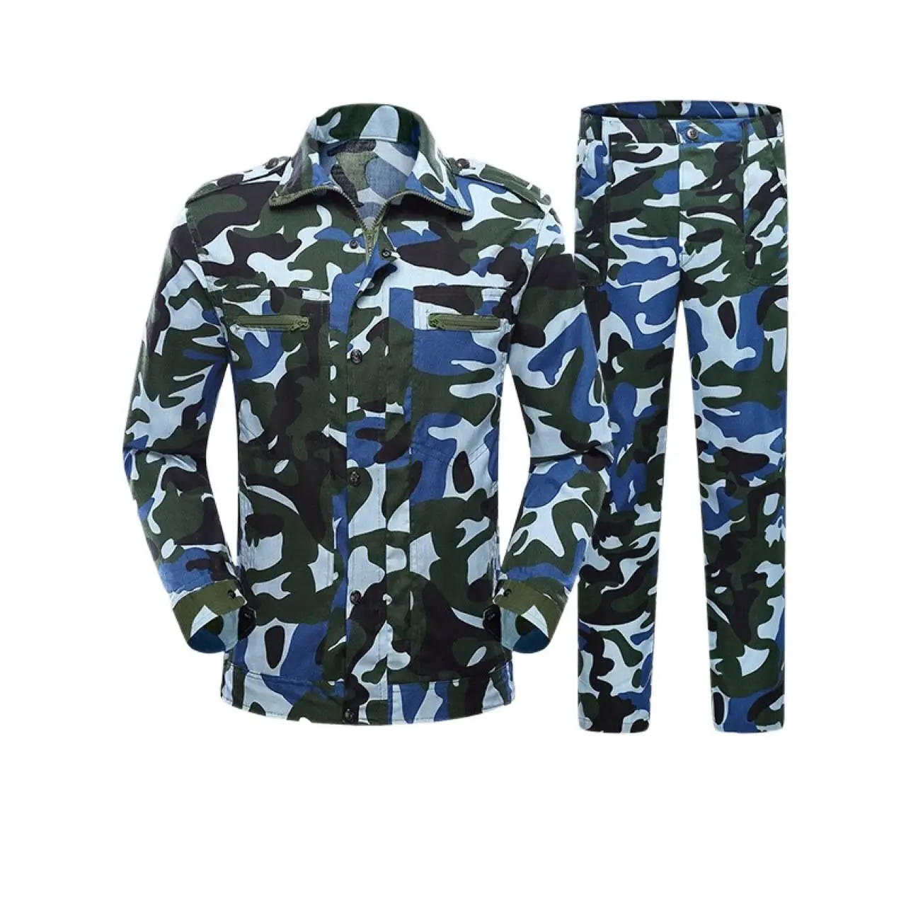 Men's Aesthetic Tactical Long-Sleeve Rip-Stop Fabric 2-Piece Set - Breathable Camouflage Shirt & Pants with Utility Pockets, Hook-And-Loop, Adjustable Fit, Battle-Worn Look, School Activewear Sportswear Uniform for Outdoor Training