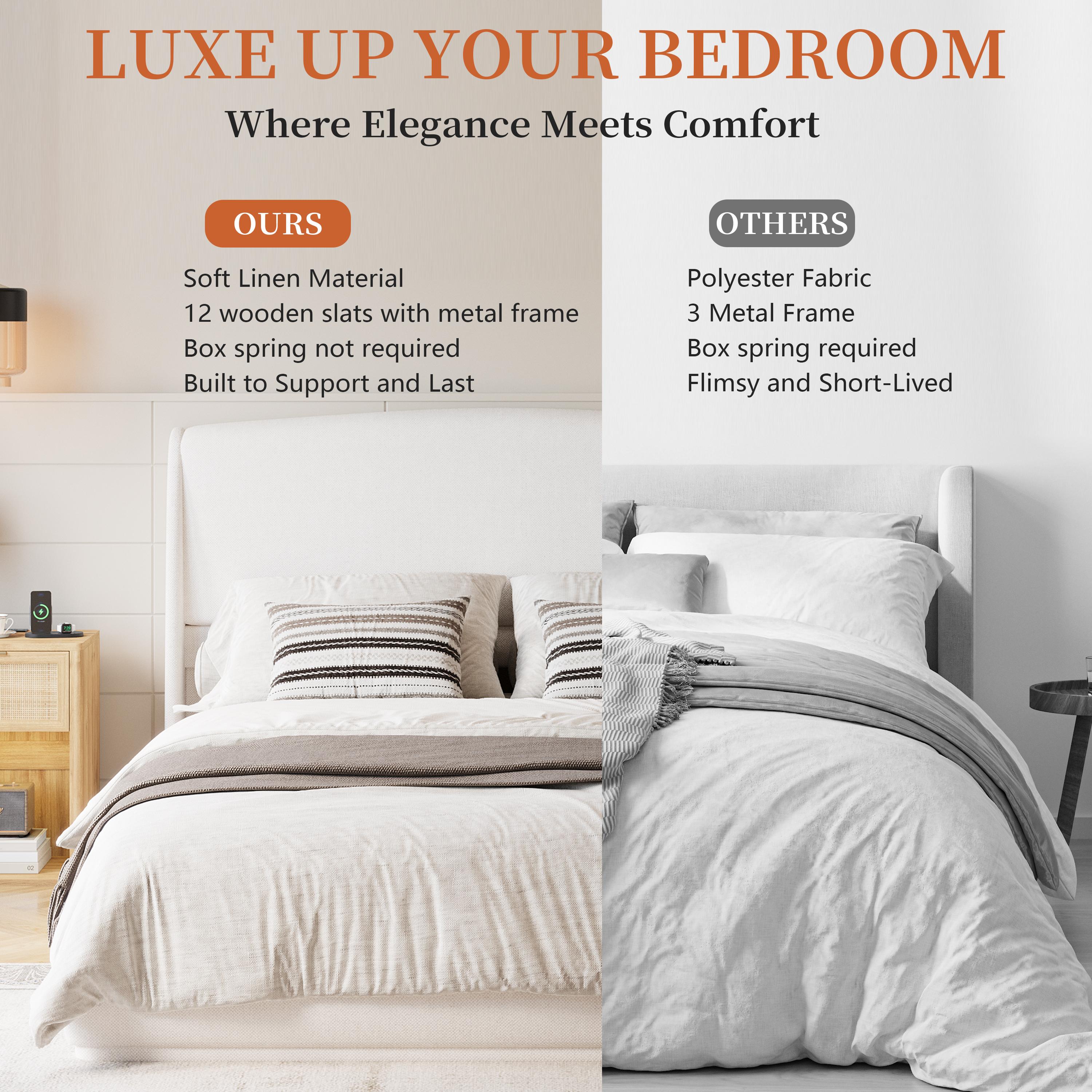 Upholstered Queen Bed Frame with Wingback Headboard, Low Profile Platform Bed with Padded Headboard, No Box Spring Needed, Easy Assembly, Elegant Linen Fabric, Brown/Beige