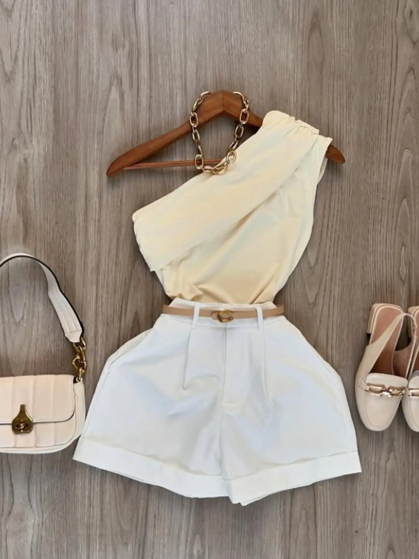Spring Summer High-Waisted Slimming Set, One-Shoulder Top + Rolled Hem Shorts, Casual Two-Piece for Women