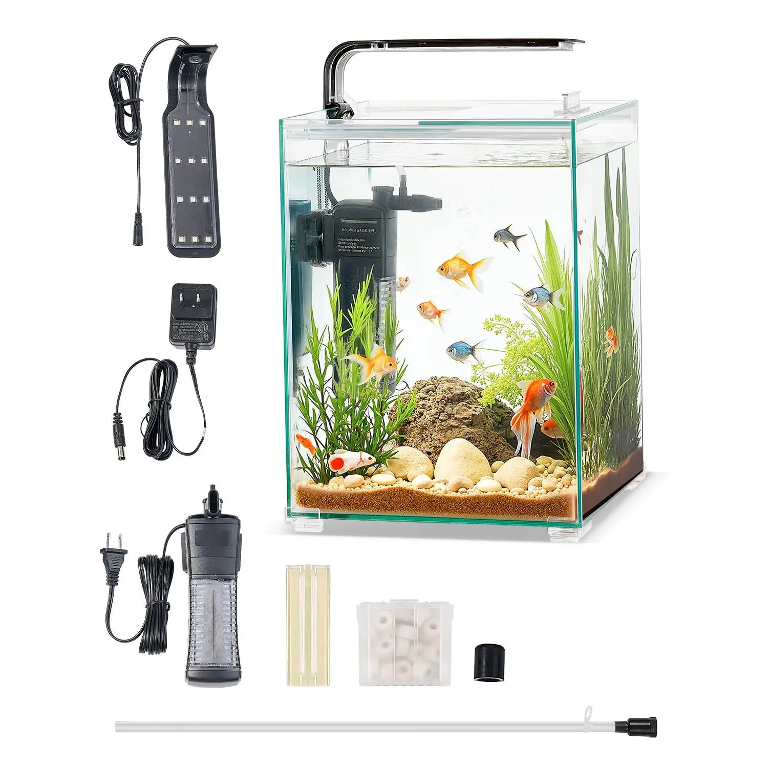 VEVOR Fish Tank Aquarium, 5 Gallon Square Ultra-Clear Glass Starter Smart Tank Adjustable 3 Color Lighting, Self Cleaning System Fishbowl for Freshwater Saltwater Fish Home, Office, or Pet Use