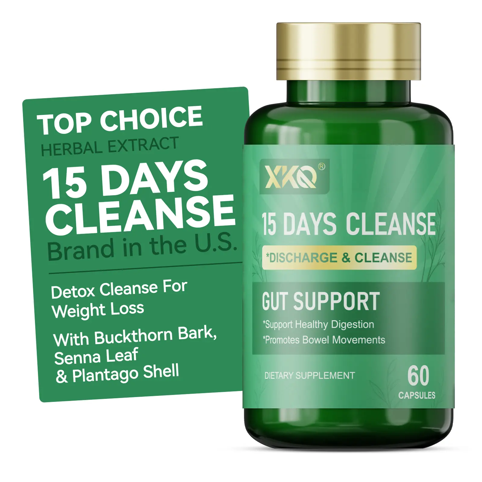 XKQ 15 Days Cleanse Gut Support Capsules - Plant Formula for Gentle Intestinal Regulation & Digestive Health - Vegan Friendly - 60 Edible Healthcare Capsules