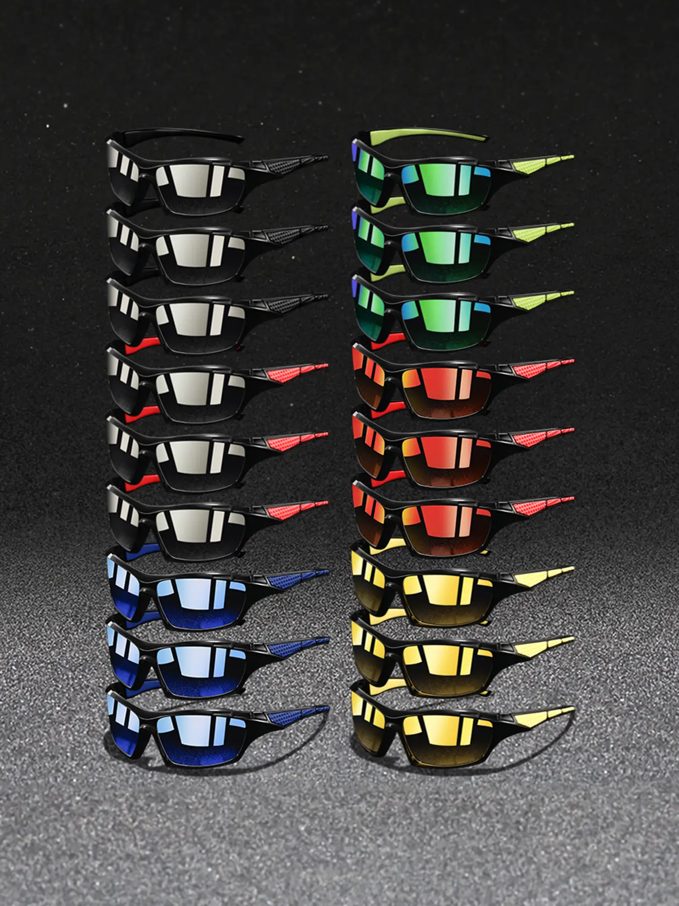 18 pairs of the latest style unisex sports sunglasses, Sports Cycling Sunglasses, Cycling Shades, are not only practical but also fashionable, offering various colors and functions suitable for all kinds of outdoor activities.