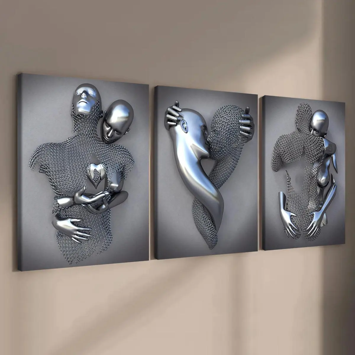 Wooden Framed Canvas Painting, 3 Counts Abstract Metal Figure Pattern Creative Wall Art, Modern Art Wall Decor for Home Living Room Bedroom