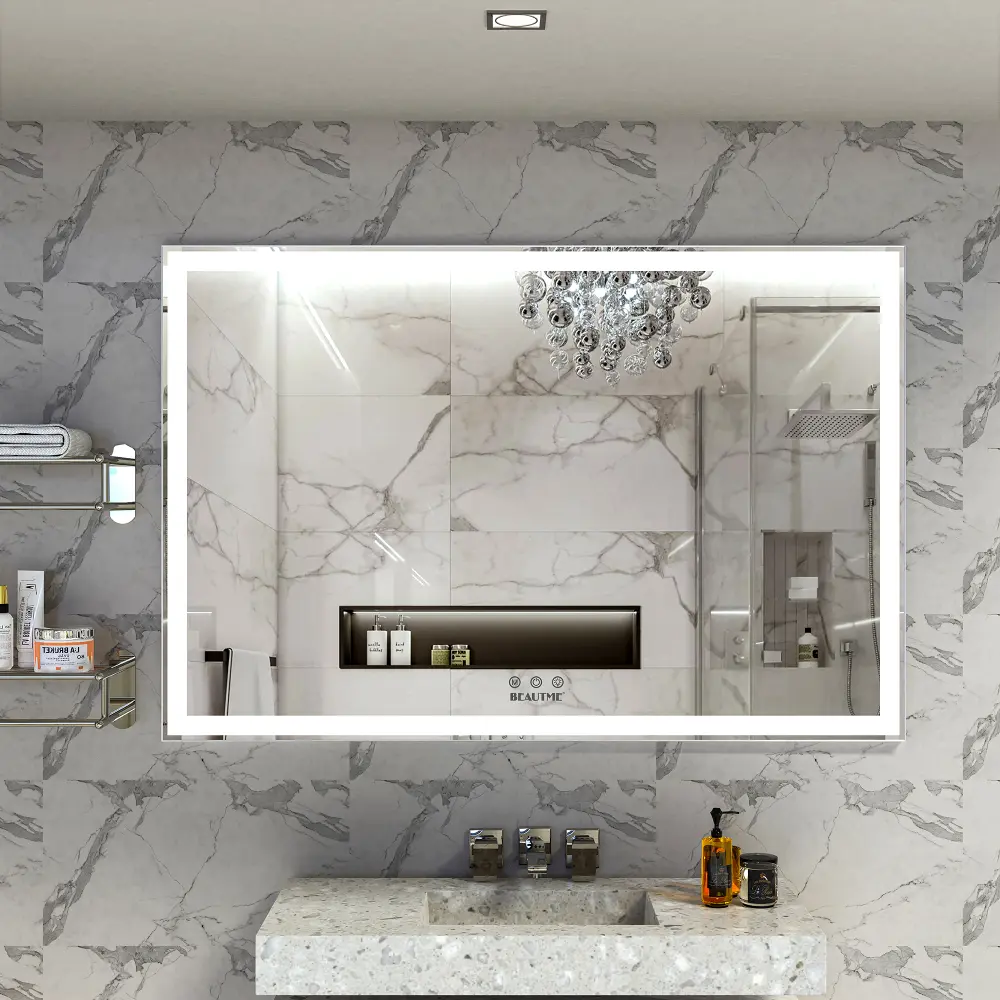 Oversized Rectangle Wall Mirror - 60 x 40 Inch Aluminium Frame LED Mirror, 3 Color Modes, Wall-Mounted Indoor Furniture, Connect to Power Source for Bathroom Use