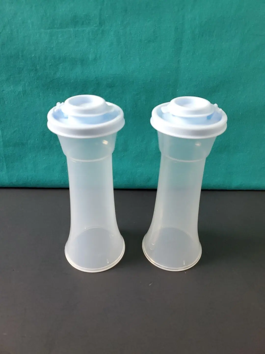 Tupperware Large Hourglass Salt and Pepper Shakers ~ Leak Proof ~ Moisture Proof ~ Camping Kitchen Supplies Container Utensils ~ Airtight Seals ~ Dishwasher Safe ~ Easy Grip ~ Translucent Material ~ Hinged Lid ~ 177 mL Capacity