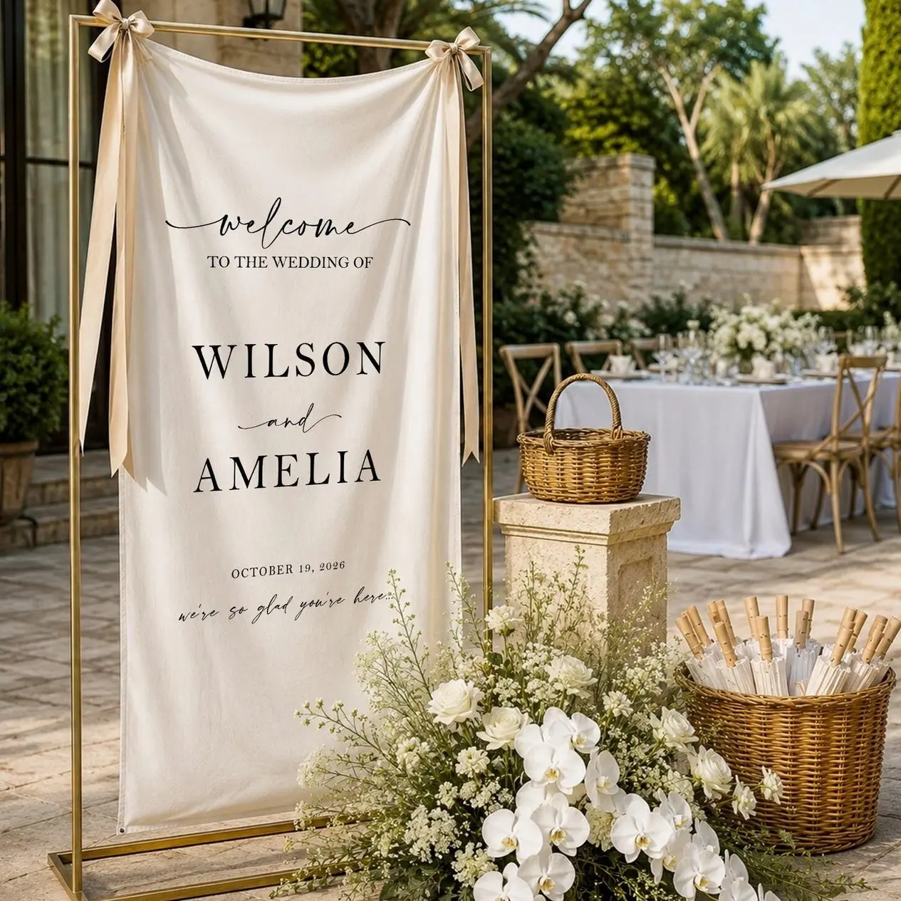 Personalized Wedding Welcome Banner, Custom Wedding Sign, Linen Wedding Welcome Sign, Elegant Reception Entrance Decor