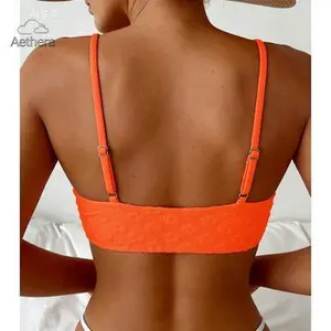 Aethera Women's Orange Floral Textured Bikini Top - Adjustable Spaghetti Strap Bralette Swim Top with Daisy Print & Removable Padding for All-Day Comfort
