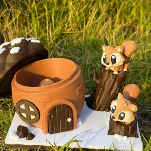 3D Printed Cute Squirrel House and Figurine Set, Realistic Plastic Home Decor, Decorative Sculptures, Indoor Outdoor, Festival Decoration, Detailed Texture, Plastic Figurines