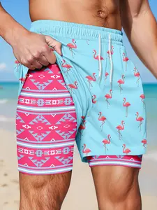 Men's 2-in-1 Quick Dry Beach Shorts Light Blue Flamingo Print with Aztec Liner Swim Trunks Swimwear Shorts Printed Swim Trunks