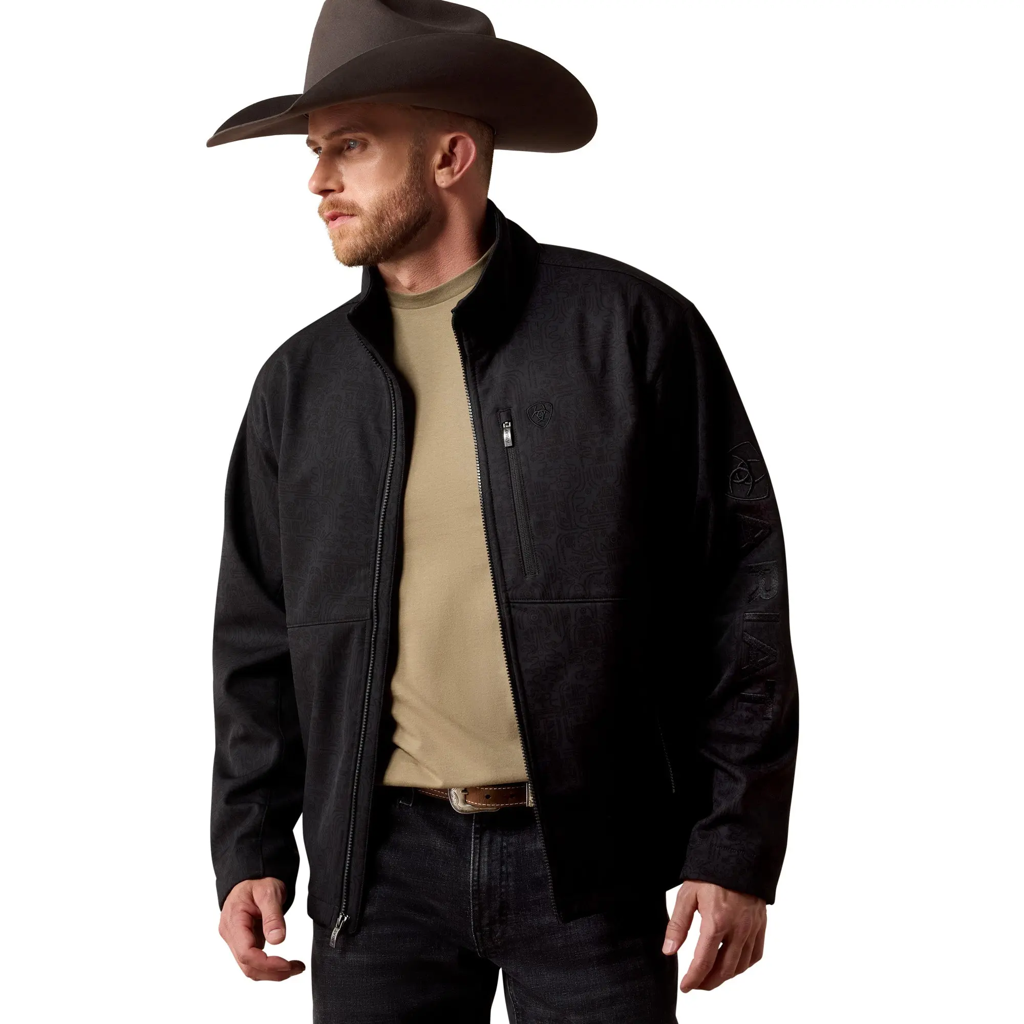 Ariat Men's Classic Logo Black Mexico Emboss Print Softshell Jacket - Menswear Tops, Coats with Zipper 10079490