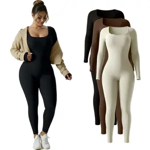 Women's Yoga Ribbed Jumpsuits Long Sleeve Rompers Gym Workout Jumpsuits Soft 100% Nylon Knit Fabric Sports Wear for Spring Summer Fall Fitness Outfits