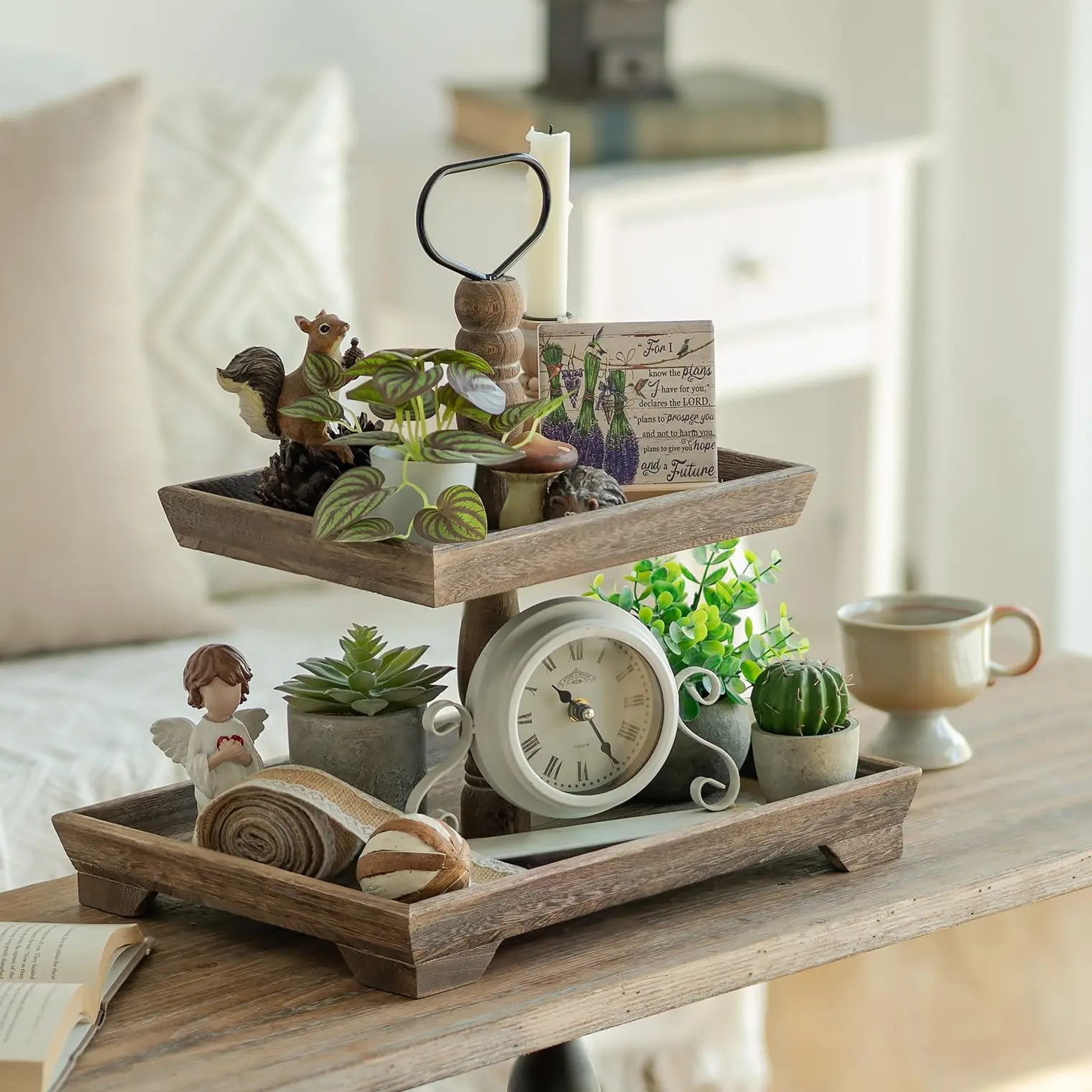 Farmhouse Tiered Tray Stand: Rustic Wood 2 Tier Serving Tray Decor Two Rectangle Wooden for Kitchen Counter Centerpieces Coffee Bar Easter Fall Halloween Thanksgiving Christmas Decors
