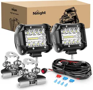Nilight 2PC 4Inch Triple Row Lights 60W Flood Spot Combo 6000LM Bar Driving Boat Led Off Road Trucks with Adjustable Pillar Hood Mount Bracket Clamp Holder and Wiring Harness Kit