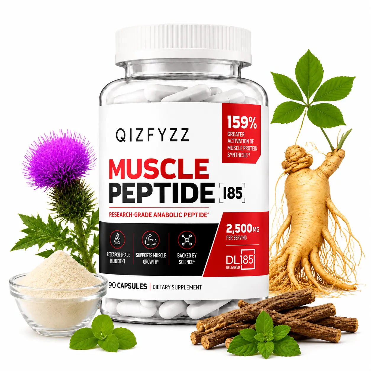 Qizfyzz Muscle Peptide Dietary Supplement - 2500mg Per Serving, 90 Capsules, Prop 65 Safe, Muscle Therapy & Strength Boost Support