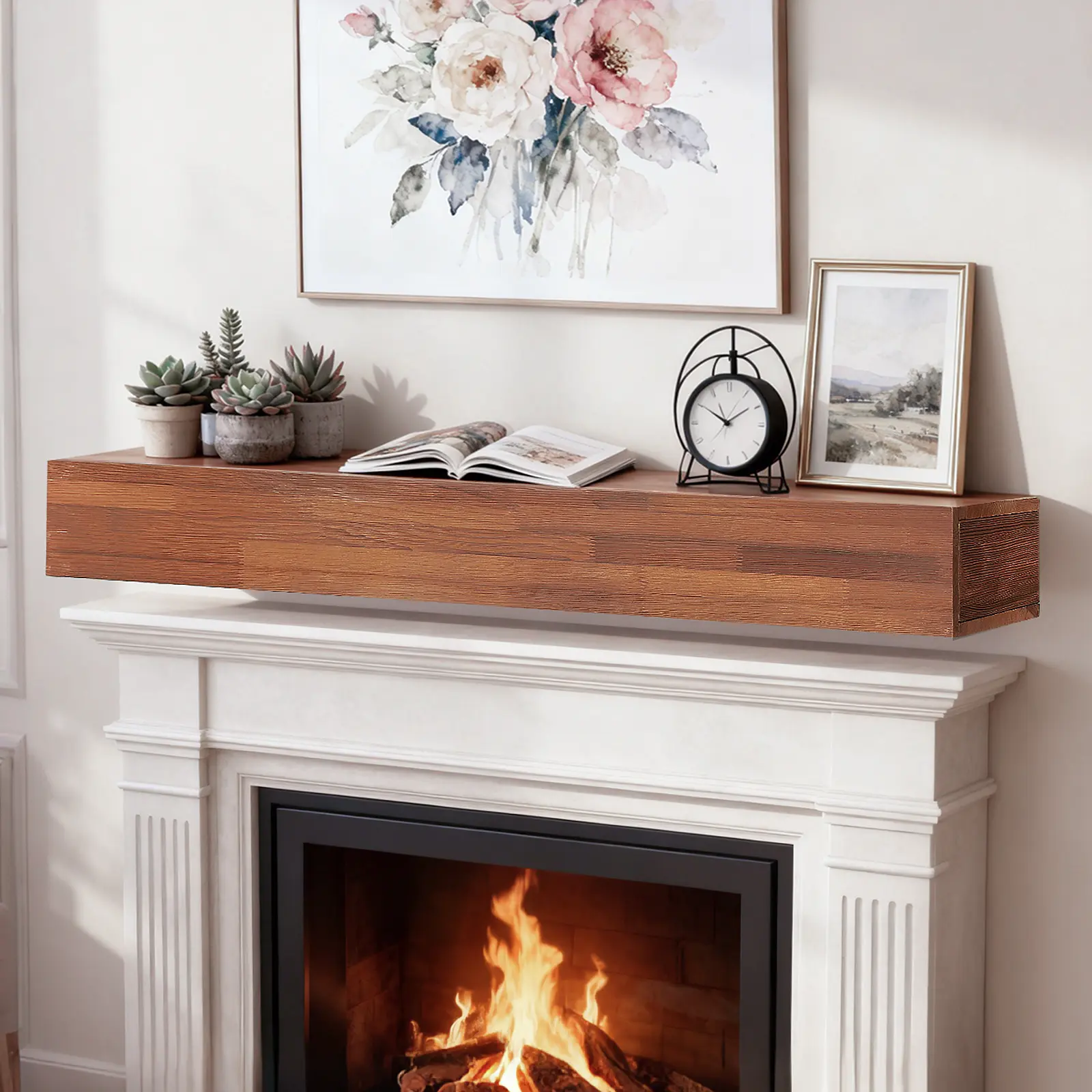 72" Rustic Wood Hollow Metal Fireplace Mantel Shelf, Wall-Mounted Farmhouse Decor, Floating Home Supplies Shelf