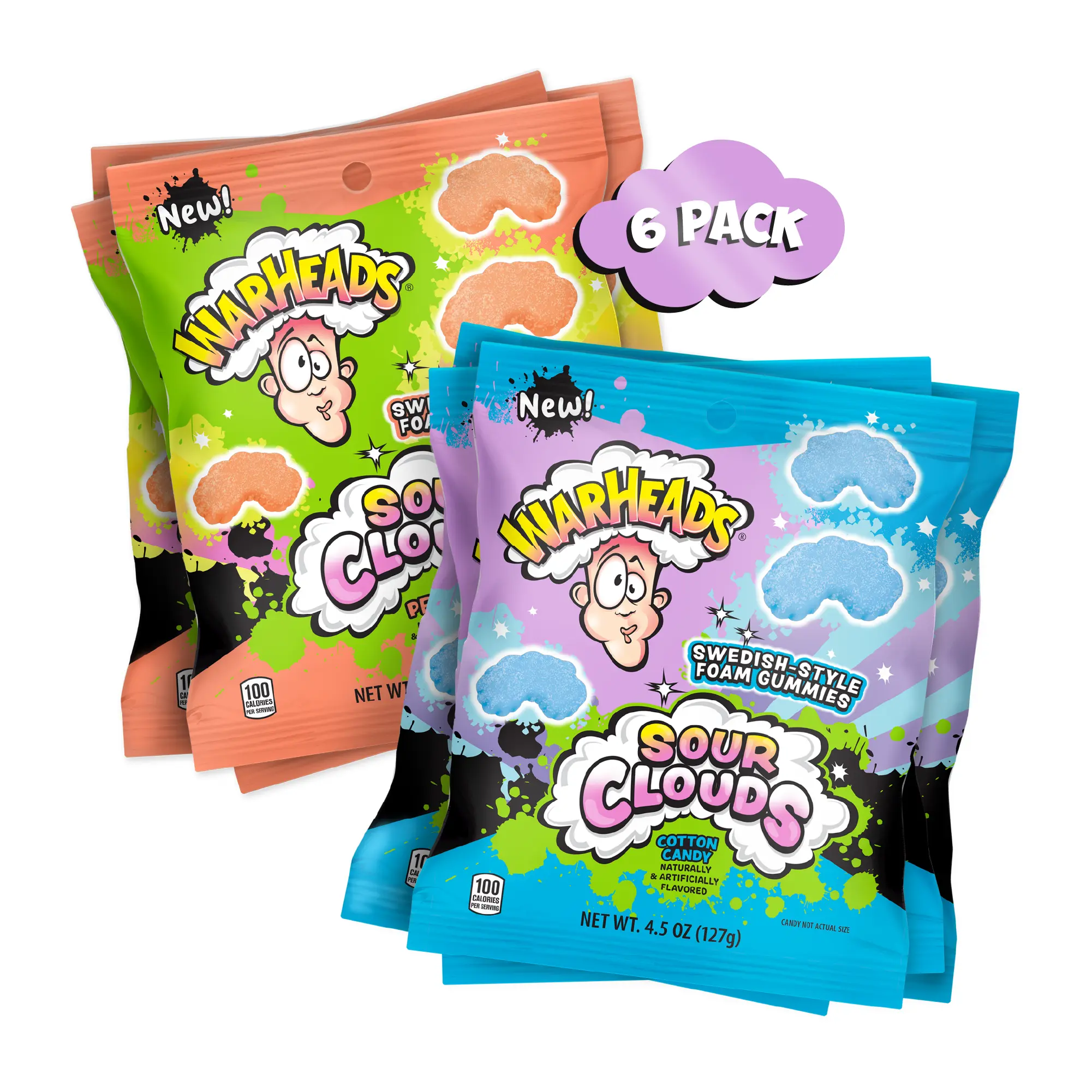 Warheads Bundle: 3 - Cotton Candy & 3 - Peach Sour Clouds - Swedish Style Foam Gummy Candy - 4.5 oz Peg Bag - 6 Pack Mix
