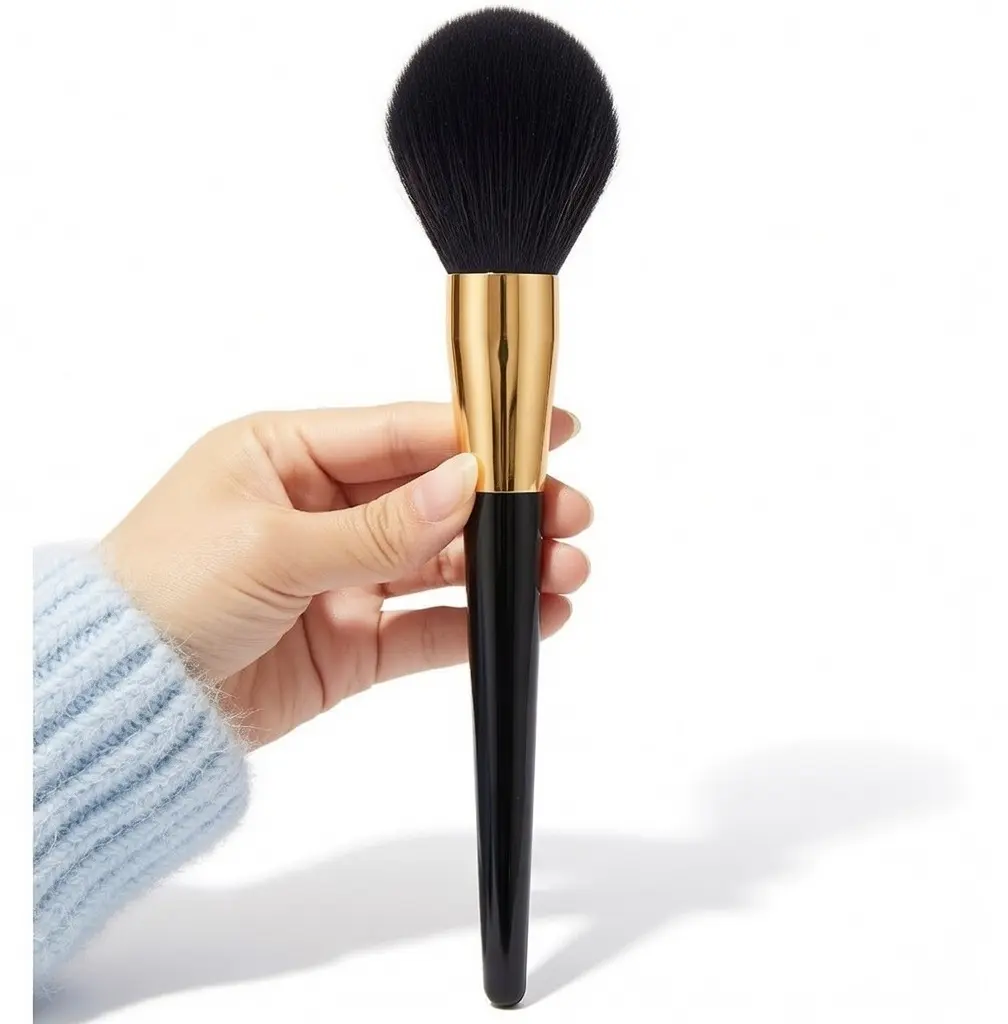 Large Fluffy Powder Makeup Brush – Soft Synthetic Kabuki Face Brush for Loose & Pressed Powder, Bronzer & Blush – Professional Blending Cosmetic Brush with Black Handle & Gold Ferrule