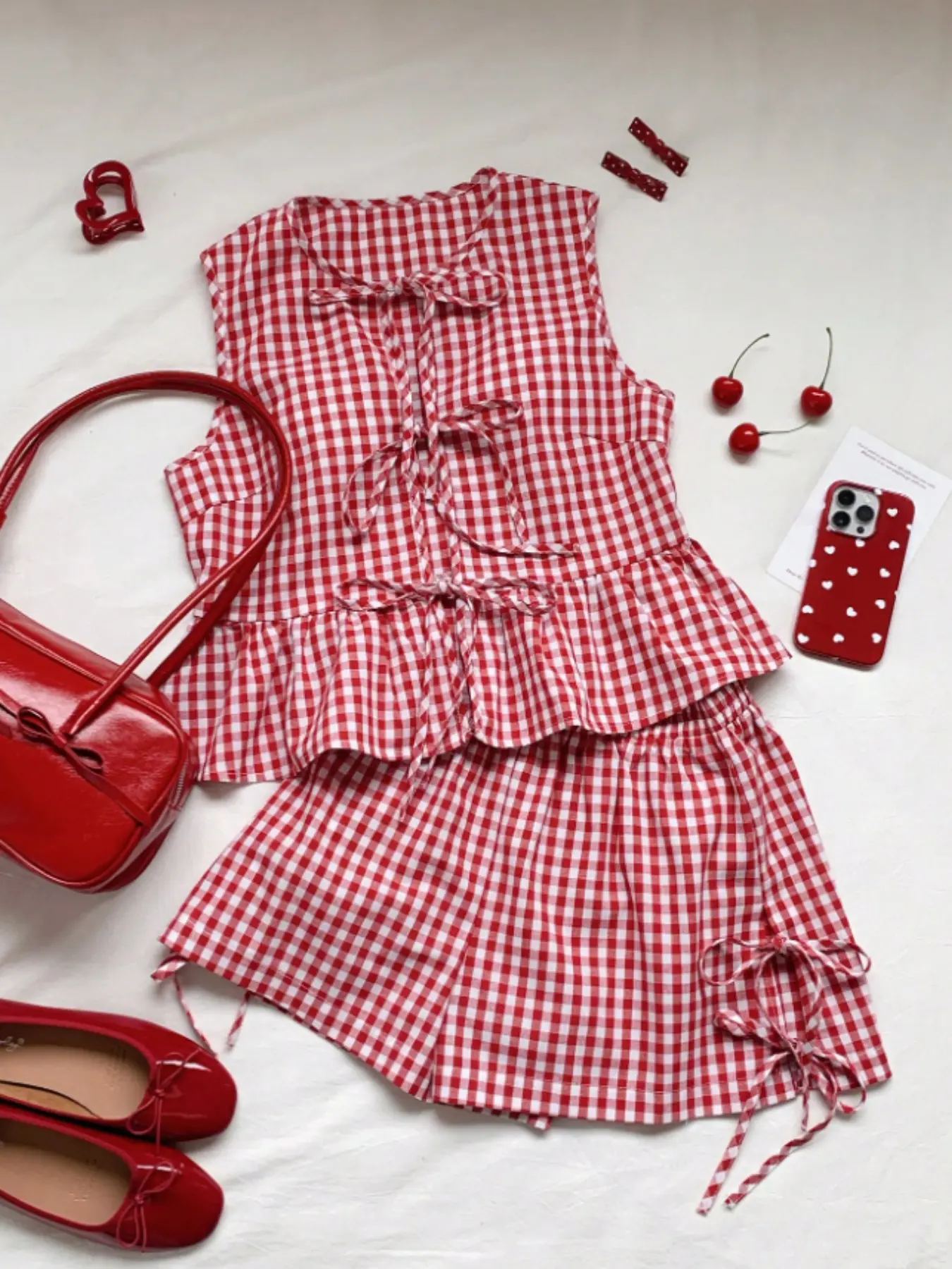 Women's Plaid Sleeveless Adjustable Tie Back Fitted Vest Set with Matching Shorts, Casual Summer for Dating and Weekend Shopping Womenswear Outfit, Clothes, Fashion Clothes Set