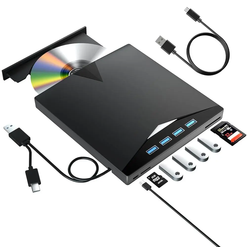 7-in-1 USB 3.0 & Type-C DVD Player, Portable CD/DVD Burner, External DVD Drive for Laptop and Desktop PC, Compatible with Windows 11/10/8/7 and Linux, Optical Drive, Data Transfer, USB Cable