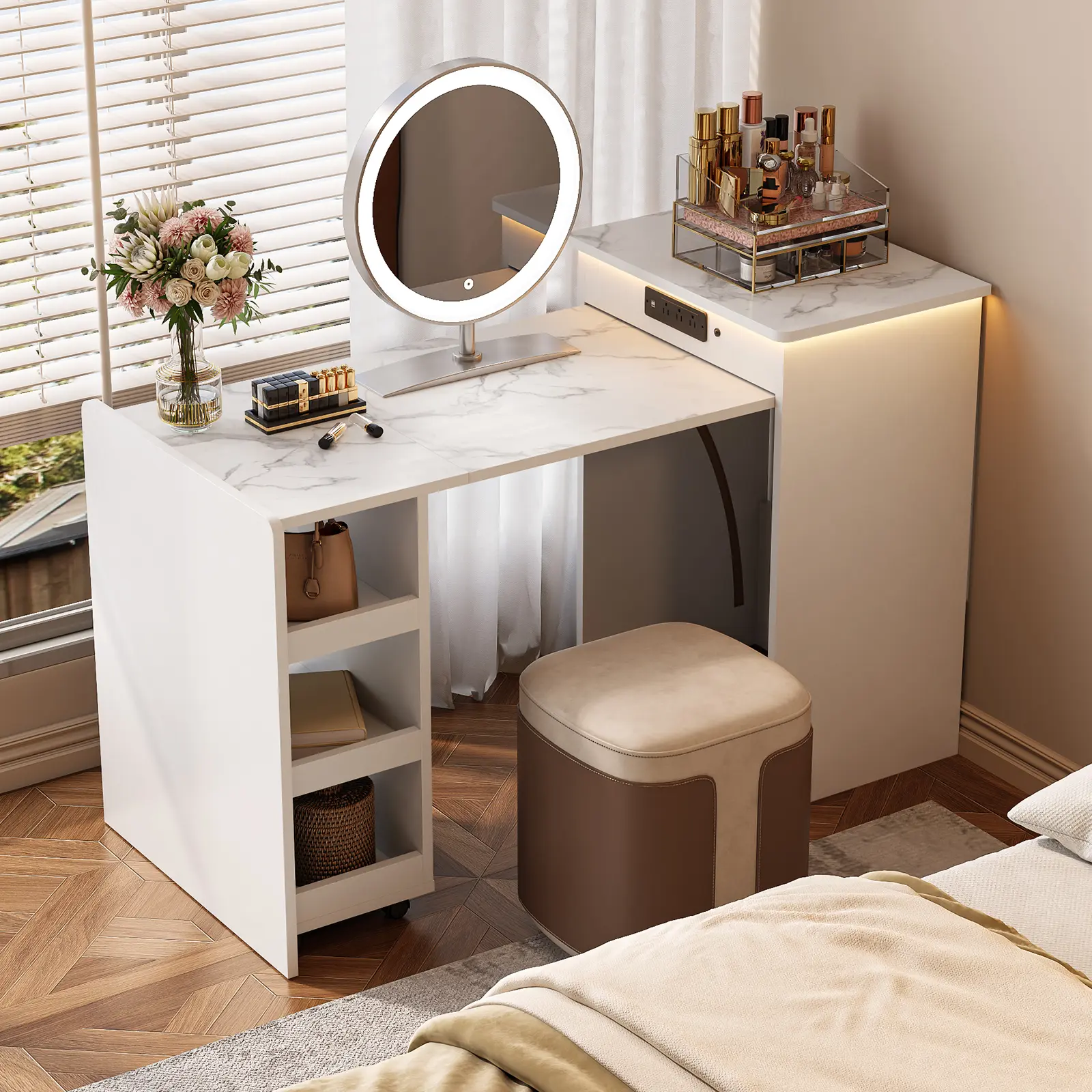 52-inch Computer Desk with Storage, White Desk with Lighting,Makeup ...