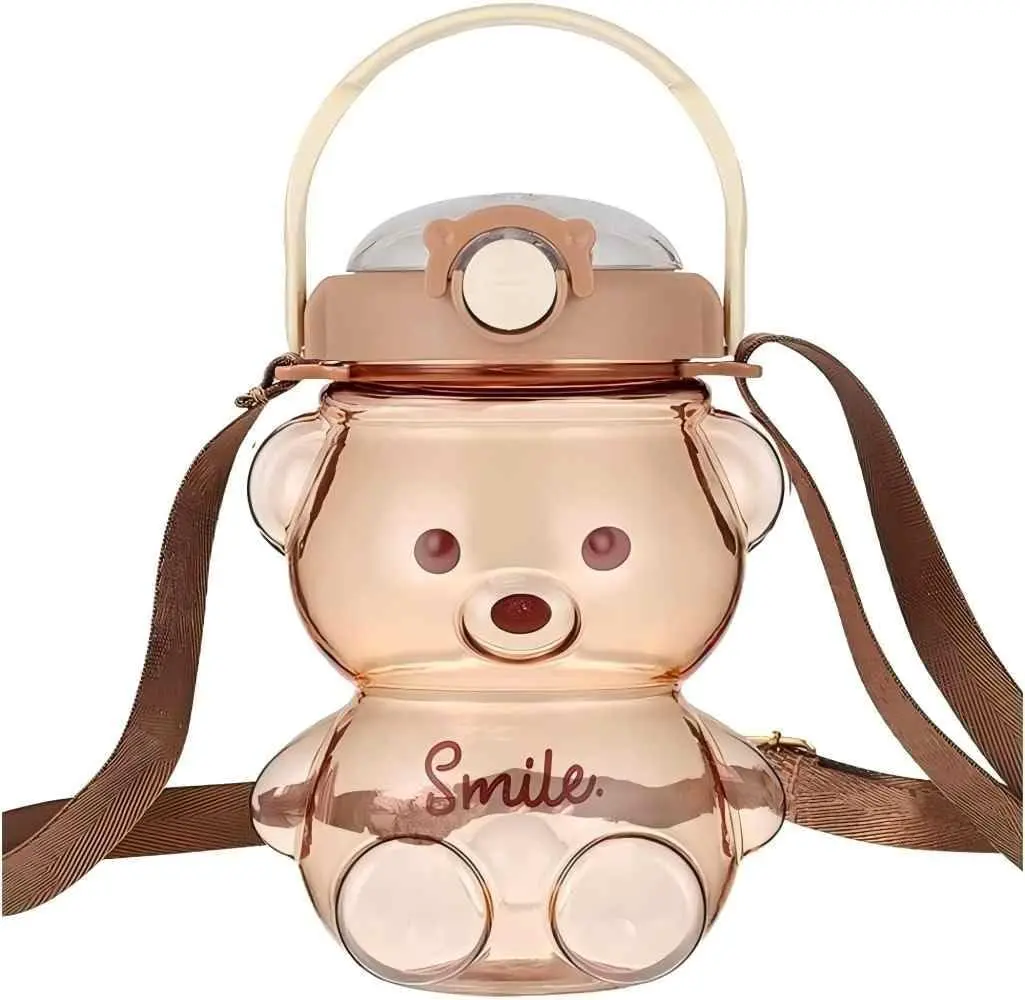 XGZ Bear Bottle,Cute with & Removable Shoulder Strap, Large Capacity Straw Bottle for and Indoor Activities,1000ml/34oz (brown)