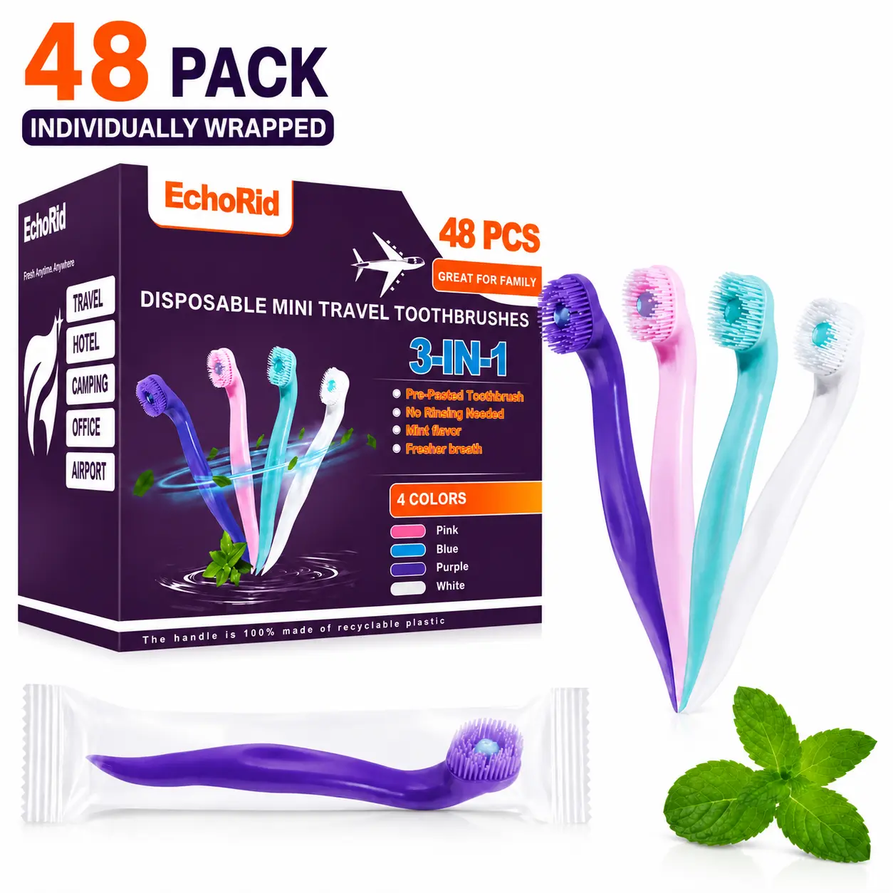 48 Pack Individually Wrapped Pre-Pasted Disposable Soft Toothbrushes, 3 in 1 Waterless Mint Travel Toothbrush with Pick, Gum Friendly Portable Oral Care for Camping Trips