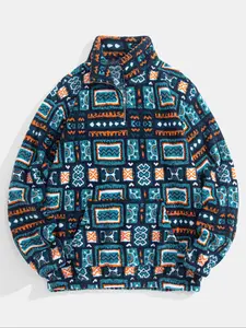 Men's Fleece Ethnic Style Knit Fitted Sweatshirt, Tribal Totem Pattern, Casual Long Sleeve Zipper Pullover, Perfect for Layering & Outdoor Activities