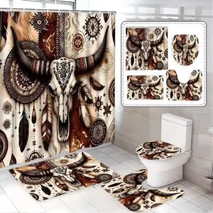 Western Boho Bull Skull Shower Curtain Set, Waterproof Polyester, Includes Hooks, Toilet Lid Cover, Mat, Ideal Holiday Gift, Bathroom Decoration Accessories
