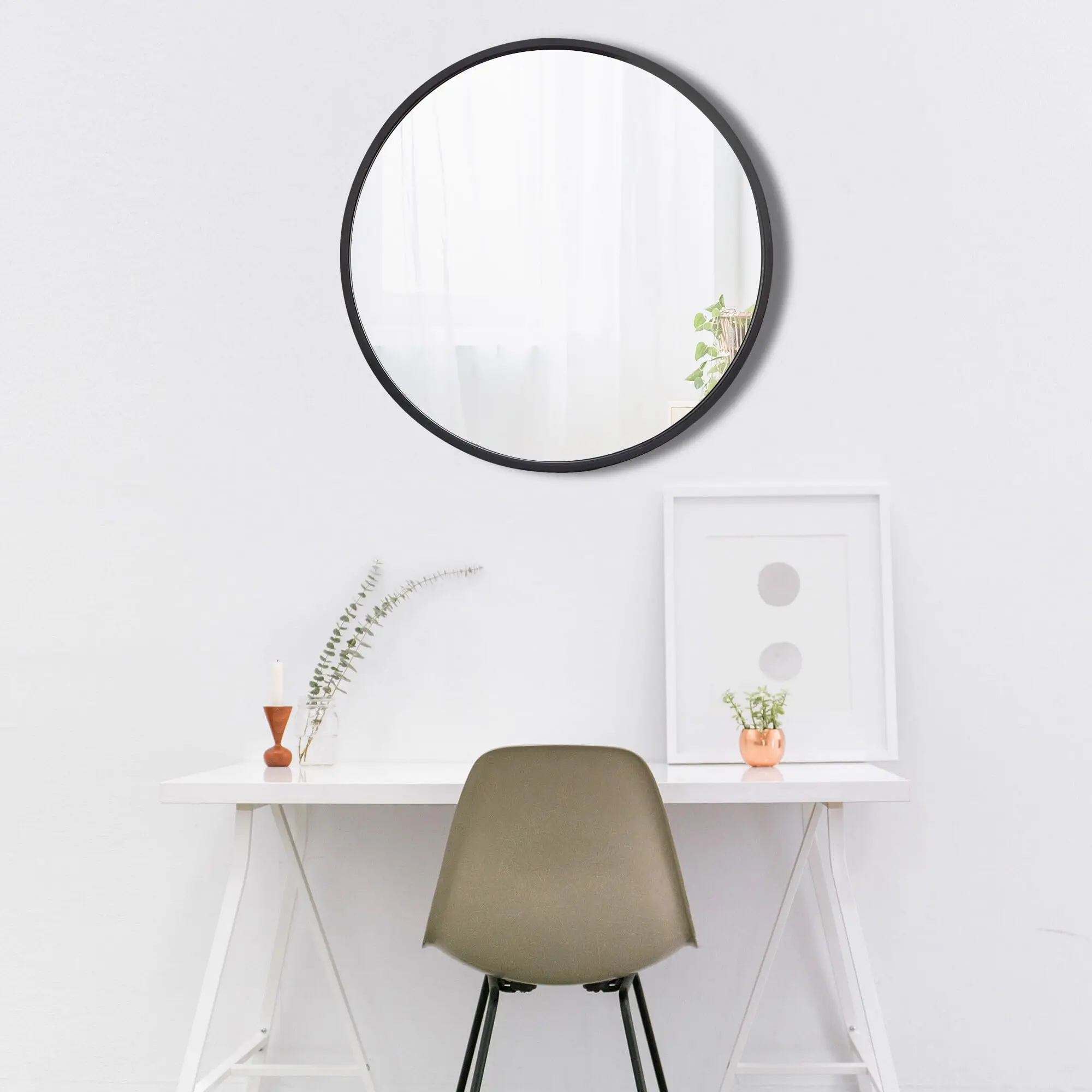 SUPERDEAL 18-In Round Aluminum Narrow Frame Minimalist Glass Wall Mirror, Black Metal Hanging Statement Piece for Bathrooms, Bedroom, Interior Decor, Hanging Kit