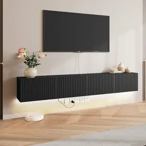 71 Inch Wall Mounted Floating TV Stand, Entertainment Console with LED Lights and Power Outlet, Fluted Storage Floating Cabinet, Practical Wall Shelf for TV in Living Room and Bedroom Large