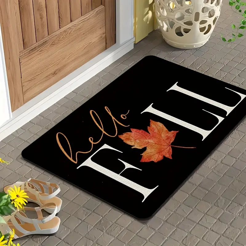 Autumn Thanksgiving Maple Leaf Themed Rectangular Welcome Door Mat - Soft Flannel-Polyester, Non-Slip, Washable Surface, Machine Washable, Easy-to-Clean for Entrance, Bedroom
